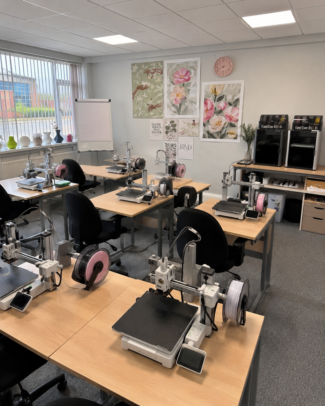 Summit Makers training room with Bambu Lab A1 Mini 3D printers set up for adult evening sessions