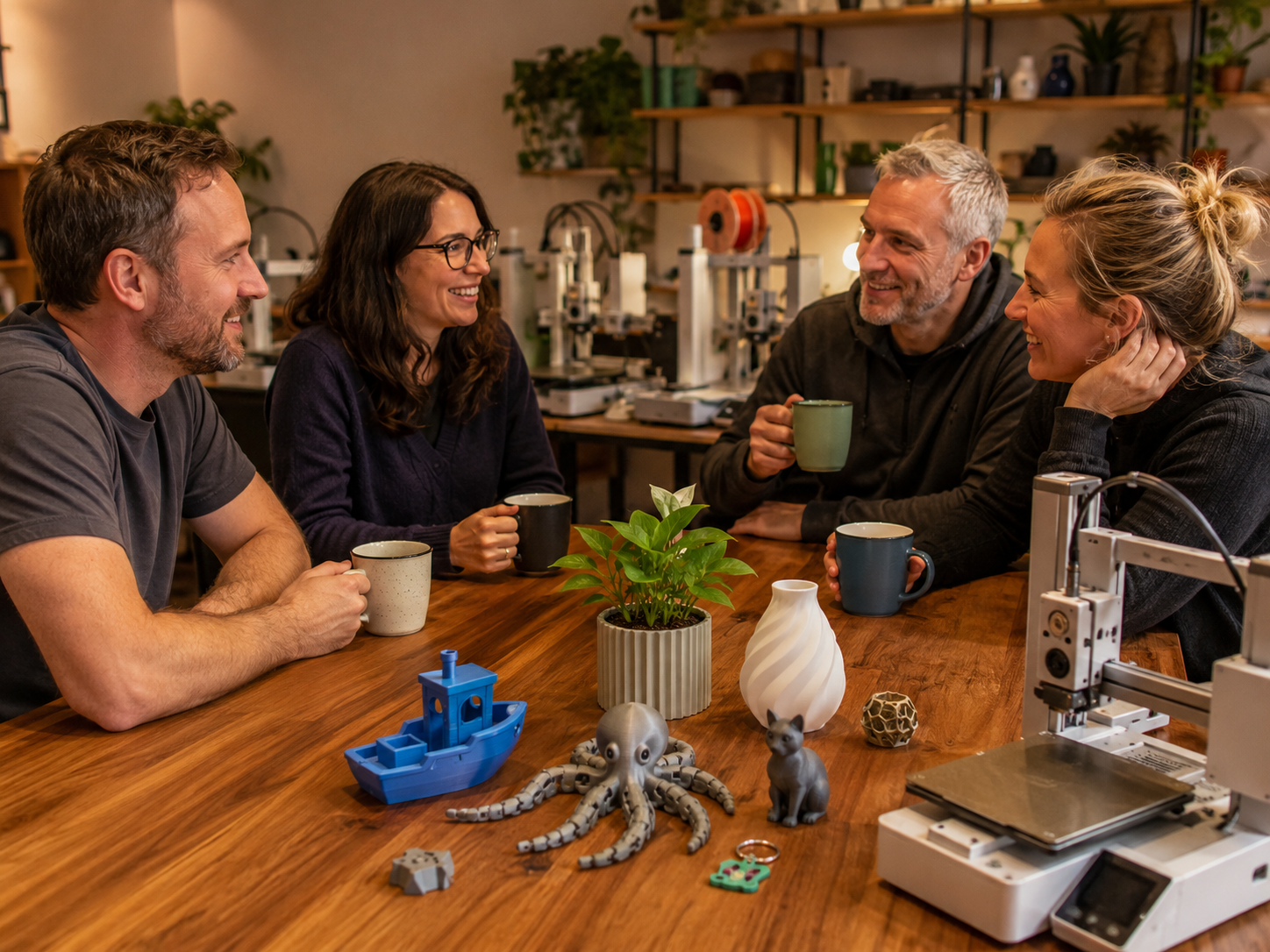Four adults chatting over mugs with finished 3D prints on the table