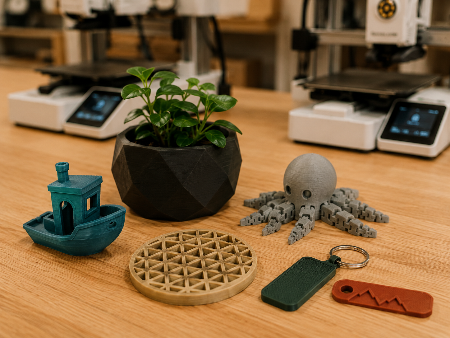 Selection of beginner friendly 3D prints — boat, planter, octopus, coaster and keyrings