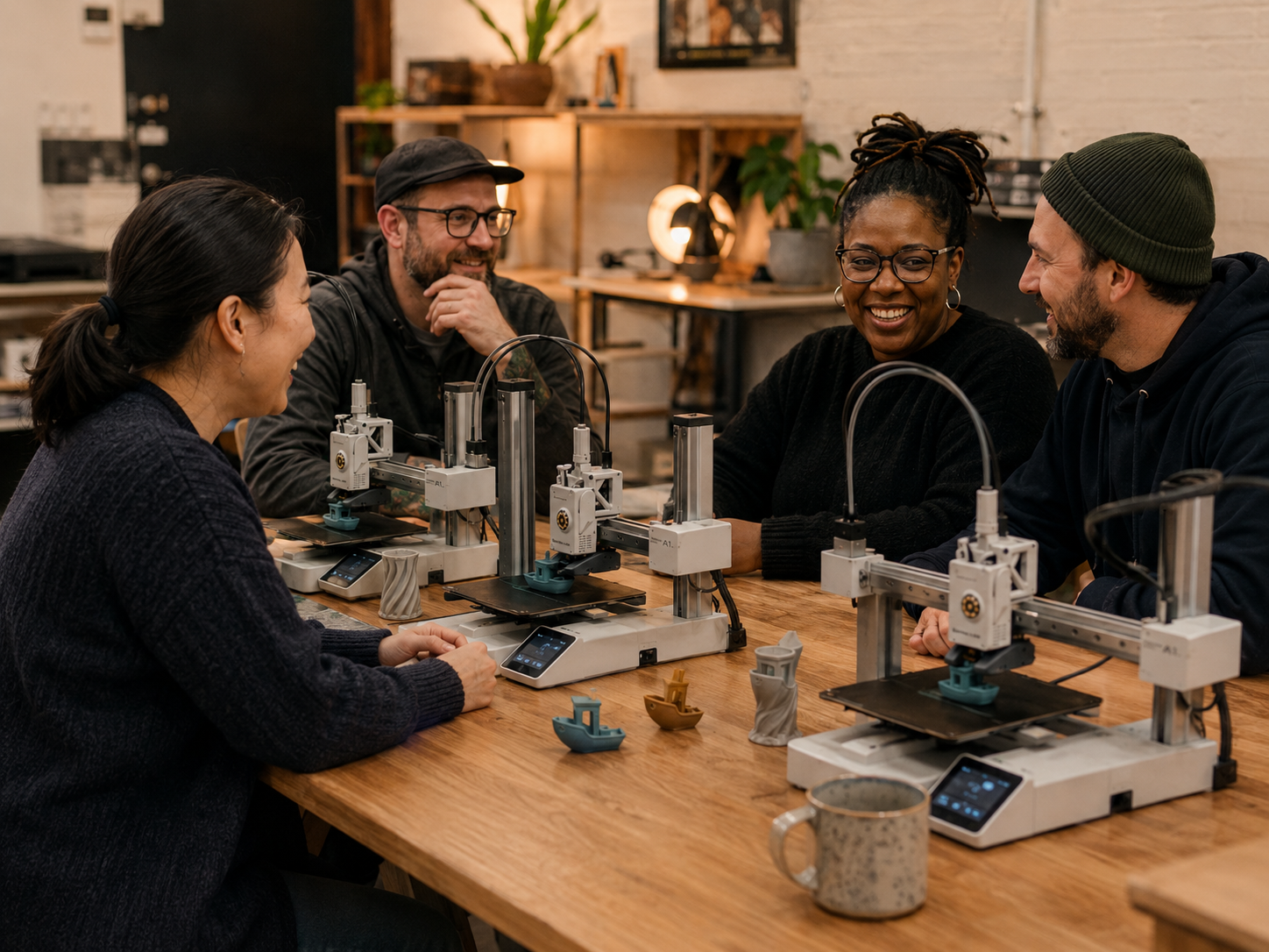 Adults laughing around a table with Bambu Lab 3D printers at a Maker Social evening in Birmingham