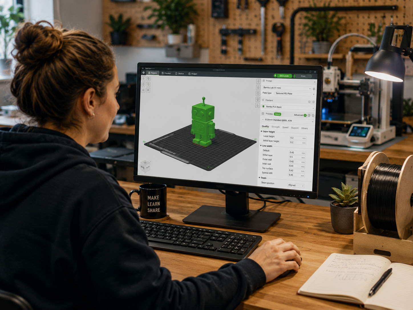 Adult learner using slicer software with green robot model