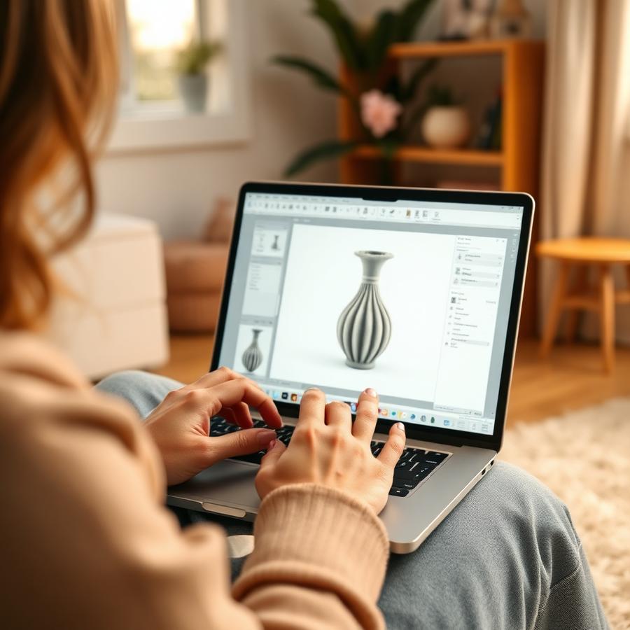 A woman designing a 3D printed vase on her laptop at home
